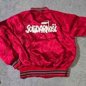Pla-Jac Mens L Bomber Jacket Red Polish Solidarity Eagle Satin Vintage 80s USA